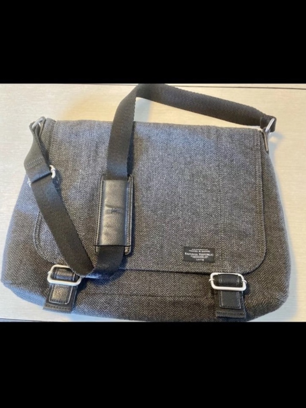 Banana Republic Charcoal Herringbone Messenger Bag with Black Strap
